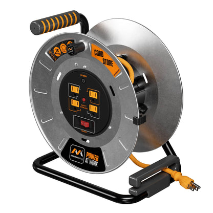 Masterplug 1ft Cord Reel, Metal Cable Drum, Retractable Extension Lead with Winding Handle, Safety Overload Circuit Breaker and Power Switch, 4x Grounded Outlets, 15amps, 12AWG Cable