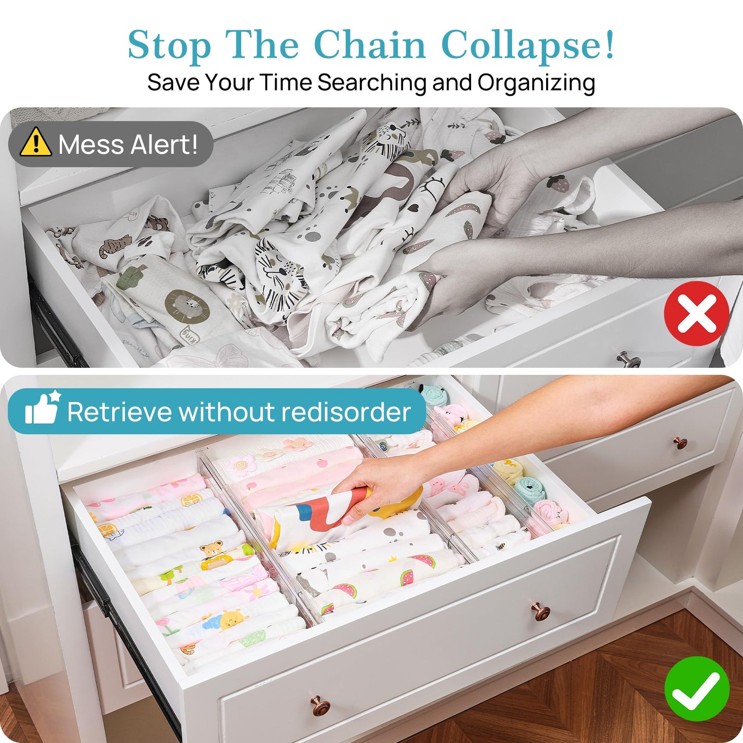 Vtopmart 8 Pack 4" Regular Upgrade Drawer Dividers for Clothes, 12.8"-22.3" Expandable Dresser Drawer Organizer, Clear Plastic Separators for Dresser, Baby Clothing, Underwear, Cosmetic, Toiletries