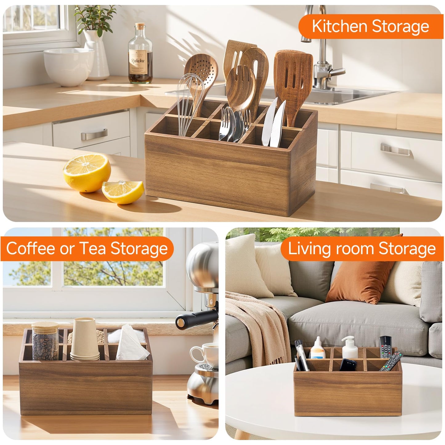 ONEARF Wooden Utensil Holder Counter, Kitchen Utensil Organizer Large 6 Compartment Cooking Utensils Holder, Acacia Rustic Wood Farmhouse Storage Container Crocks for Silverware and Cooker Set