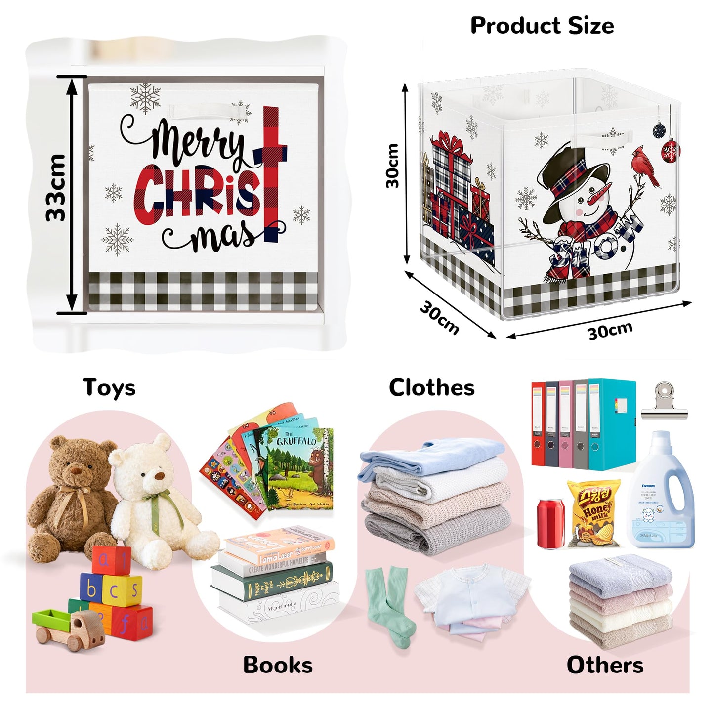 Clastyle 3 Pcs Large Christmas Tree Storage Basket Set Santa Claus Candy Snowman Book Toy Basket Snowflake Xmas Gift Storage Bins Boxes for Laundry Nursery Home,Red Black Snowman,11.8x11.8x11.8 in