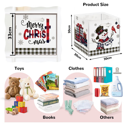 Clastyle 3 Pcs Large Christmas Tree Storage Basket Set Santa Claus Candy Snowman Book Toy Basket Snowflake Xmas Gift Storage Bins Boxes for Laundry Nursery Home,Red Black Snowman,11.8x11.8x11.8 in