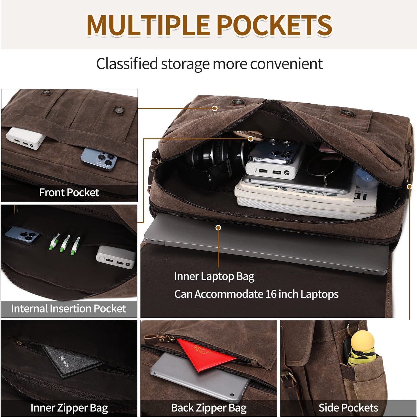 NerIion Messenger Bag for Men 15.6 Inch Vintage Canvas Genuine Leather Briefcase for Men Laptop Bag Waterproof Computer Satchel Shoulder Bag (Brown)