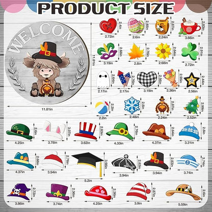 35 Pcs Christmas Interchangeable Highland Cow Welcome Sign Highland Cow Seasonal Wooden Hanging Door Decor Thanksgiving Farmhouse Hanging Sign for Front Door Xmas Party Decoration Gift(Light Gray)