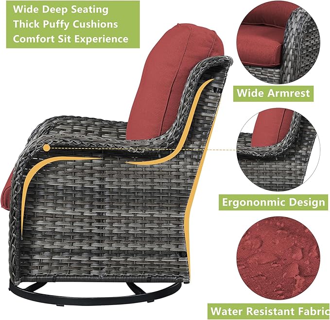 Rilyson Wicker Patio Furniture Set - 6 Piece Rattan Outdoor Sectional Conversation Sets with 2 Rocking Swivel Chairs,2 Ottomans and 2 Sofa for Porch Deck Garden(Mixed Grey/Red)