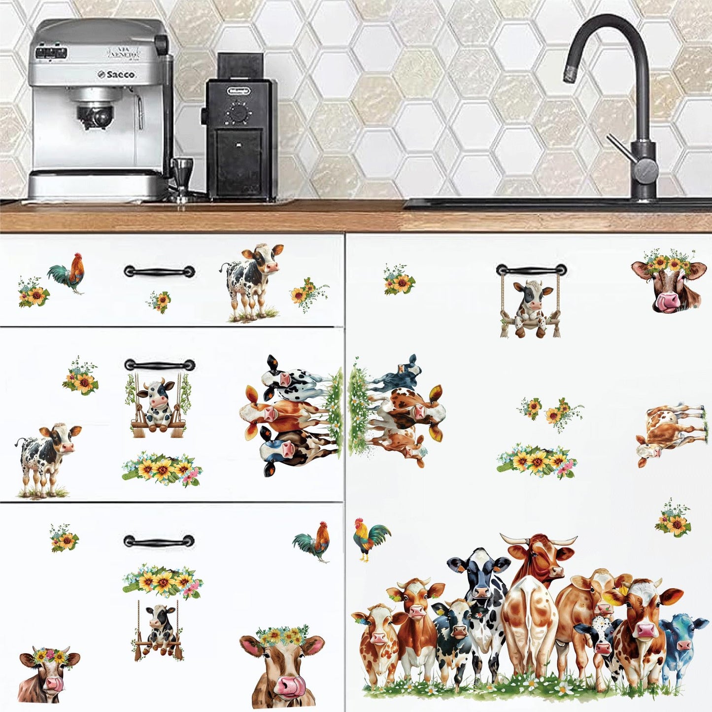 Funny Cow Wall Stickers Cute Cow Window Stickers Farm Animal Wall Decals Peel and Stick Sunflower Cattle Cow Print Window Decals Clings Farmhouse Wall Stickers for Kitchen Bedroom Decor
