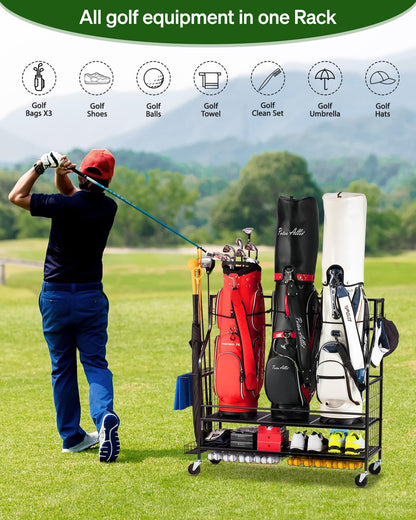 FHXZH 3 Golf Bag Storage Garage Organizer, Golf Bag Stand Fit for 3 Golf Bags, Golf Clubs, Golf Balls, Golf Equipment Accessories, Storage Rack with Wheels for Garage, Club, Shed, Basement