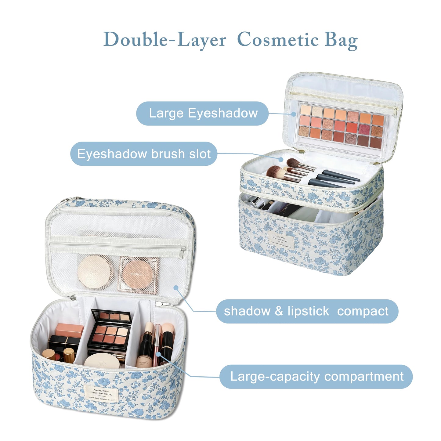 Gosect Makeup bag, Large Cosmetic Bag for Women Girls, Cute Quilted Make Up Bags, Floral Coquette Aesthetic Toiletry Bag, Travel Make Up Organizer Bag (Blue Flowers)