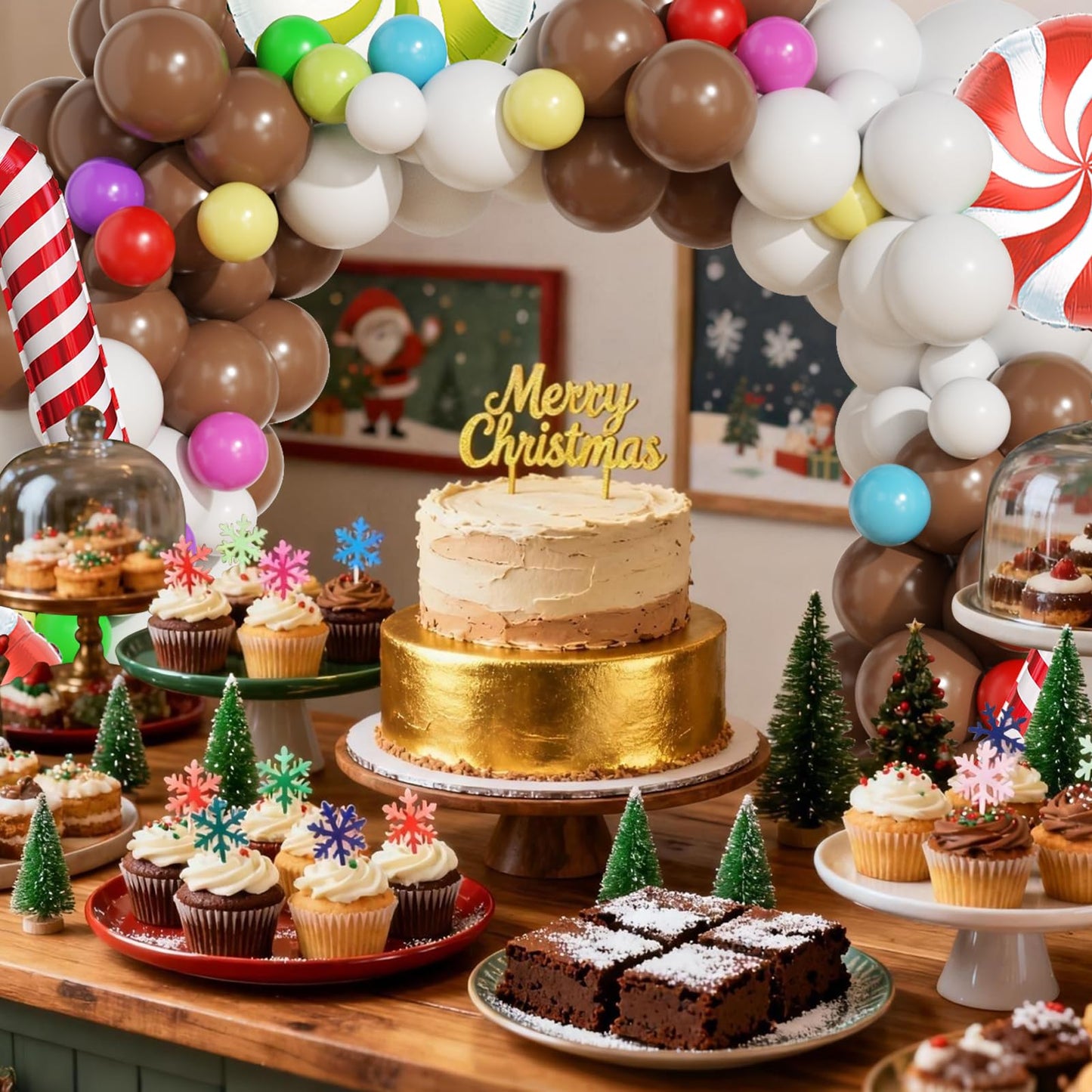 420Pcs Christmas Gingerbread House Balloon Arch Garland Kit, Brown White Balloon with Candy Canes Lollipops for Merry XMAS New Year Winter Party Decorations
