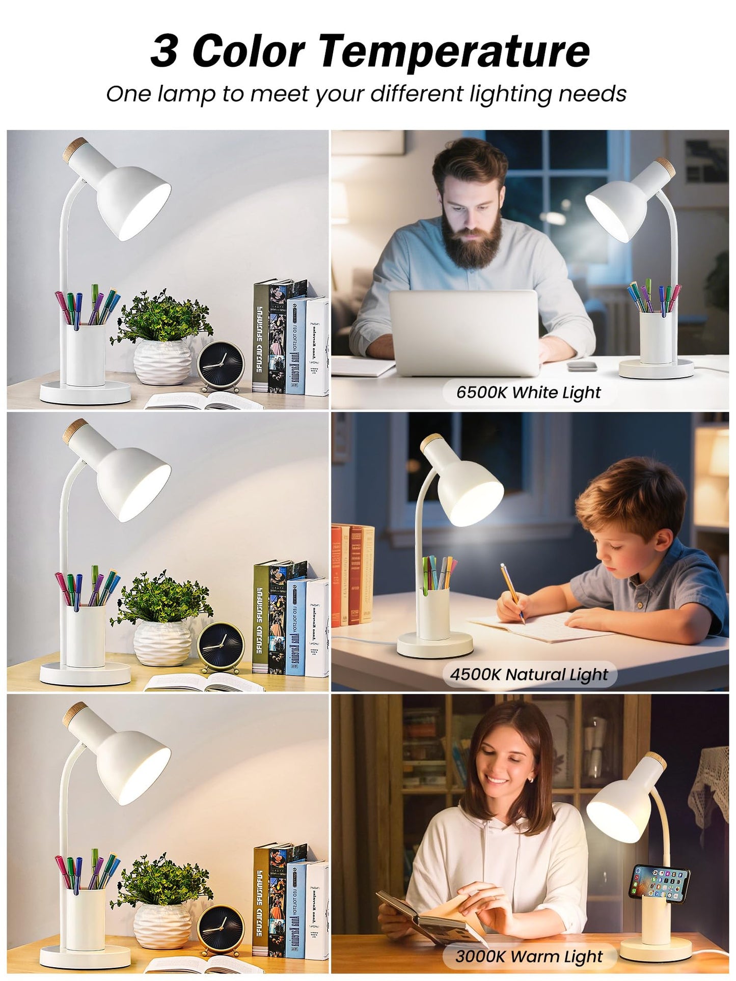 Desk Lamp, LED Desk Lamps for Home Office, 3 Color Modes Eye-Caring Reading Light, Flexible Gooseneck Desk Light with Pen Holder, Table Lamp for Bedroom Bedside College Dorm Study Room (White lamp)