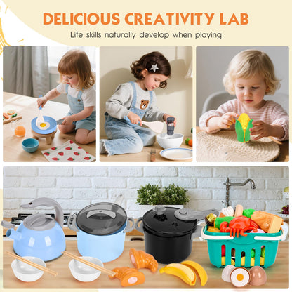 130Pcs Kitchen Playset, Toddler Pretend Cooking Play Pots, Pans, Utensils Cookware, Daily Food Fruit Veges, Shopping Storage Basket, Dessert, Prop Money, Learning Gift for Child (Blue)