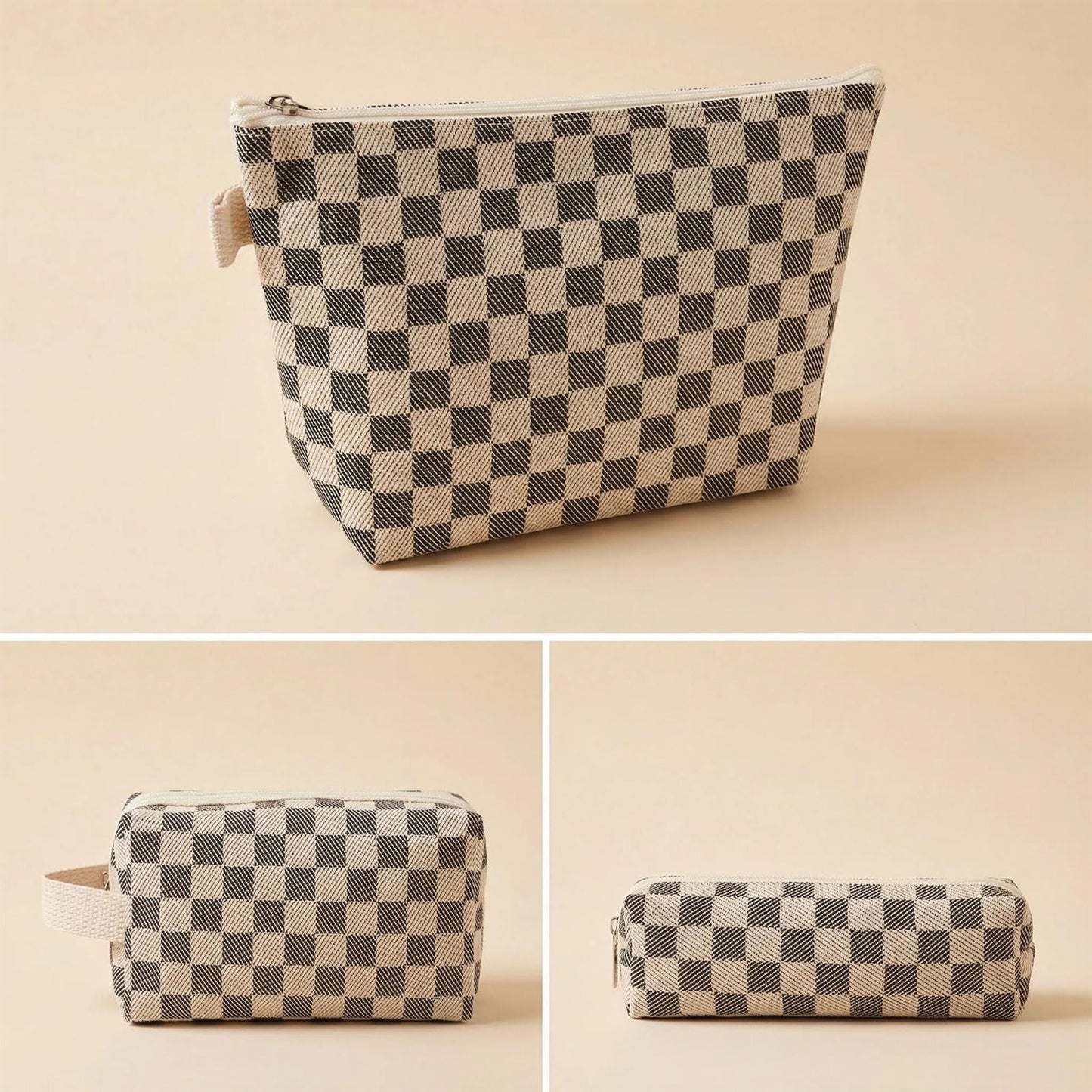 Beayuva 3 Pcs Canvas Makeup Bag Set Checkered Cosmetic Pouch for Women Travel Toiletry Bag Cute Makeup Organizer Purse Pouch Preppy Pencil Case with Zipper (Checkered Black)