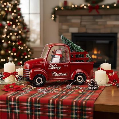 Christmas Snow Water Lantern Glittering Snowman and Pup in Red Truck with Christmas Tree, USB Lined/Battery Operated Lighted Spinning Lantern for Christmas Festival Decoration Gifts