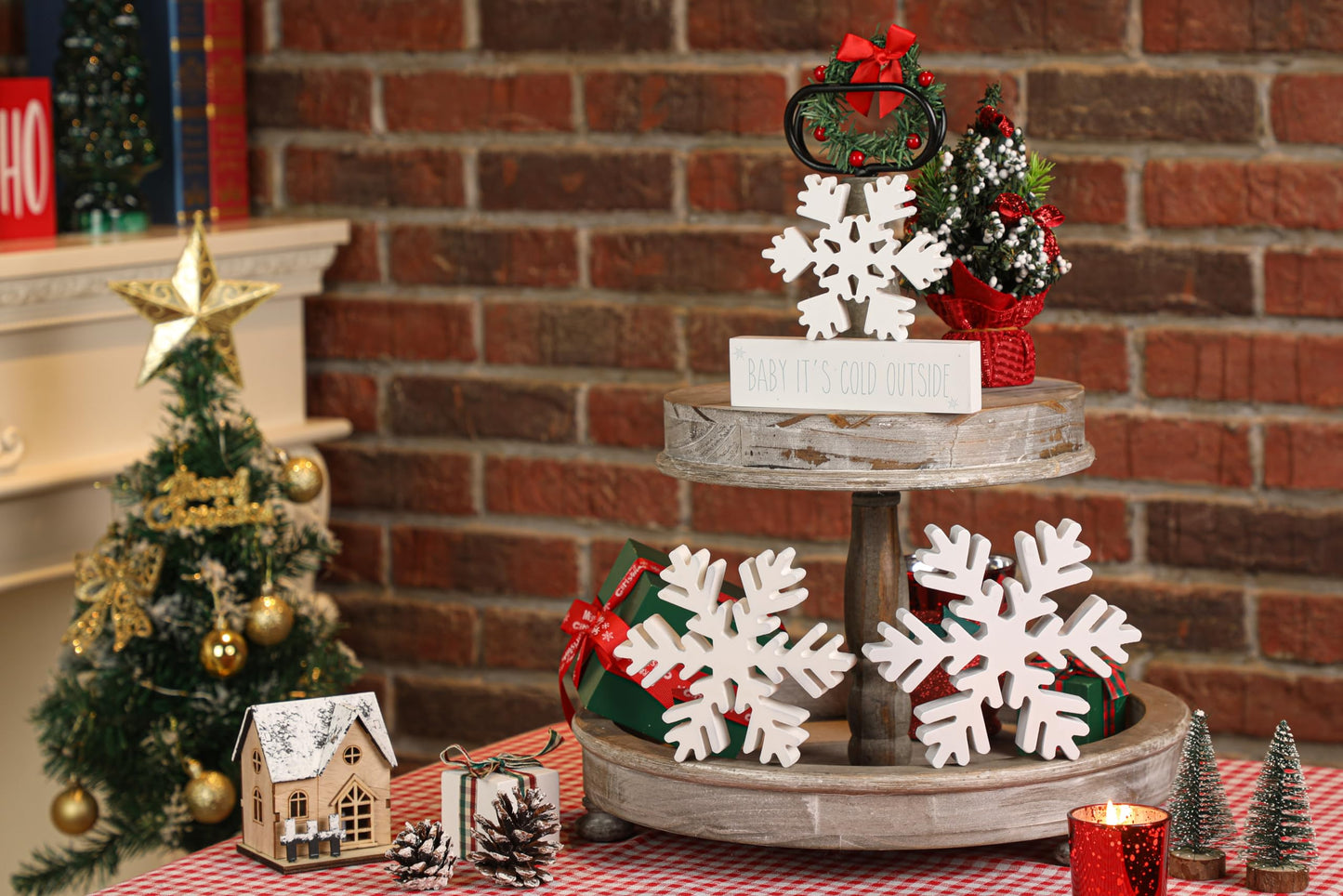 4 PCS Winter Wooden Snowflakes Decor - Christmas Snowflake Signs - Christmas Fireplace Decorations for Party - Tabletop Fireplace Decors