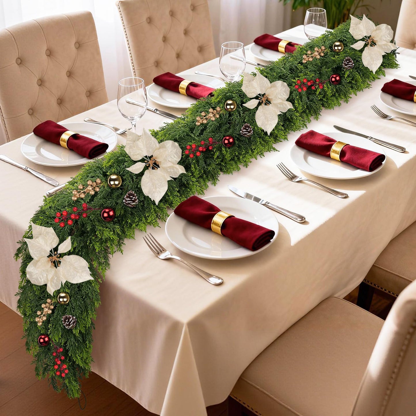 Real Touch Cedar Garland for Home, Thicken Cypress Green Artificial Greenery Garlands, 6FT Realistic Pine Garland with Flowers Berries Pinecones Balls, Cedar Garlands for Christmas in July Decorations
