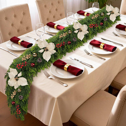 Real Touch Cedar Garland for Home, Thicken Cypress Green Artificial Greenery Garlands, 6FT Realistic Pine Garland with Flowers Berries Pinecones Balls, Cedar Garlands for Christmas in July Decorations