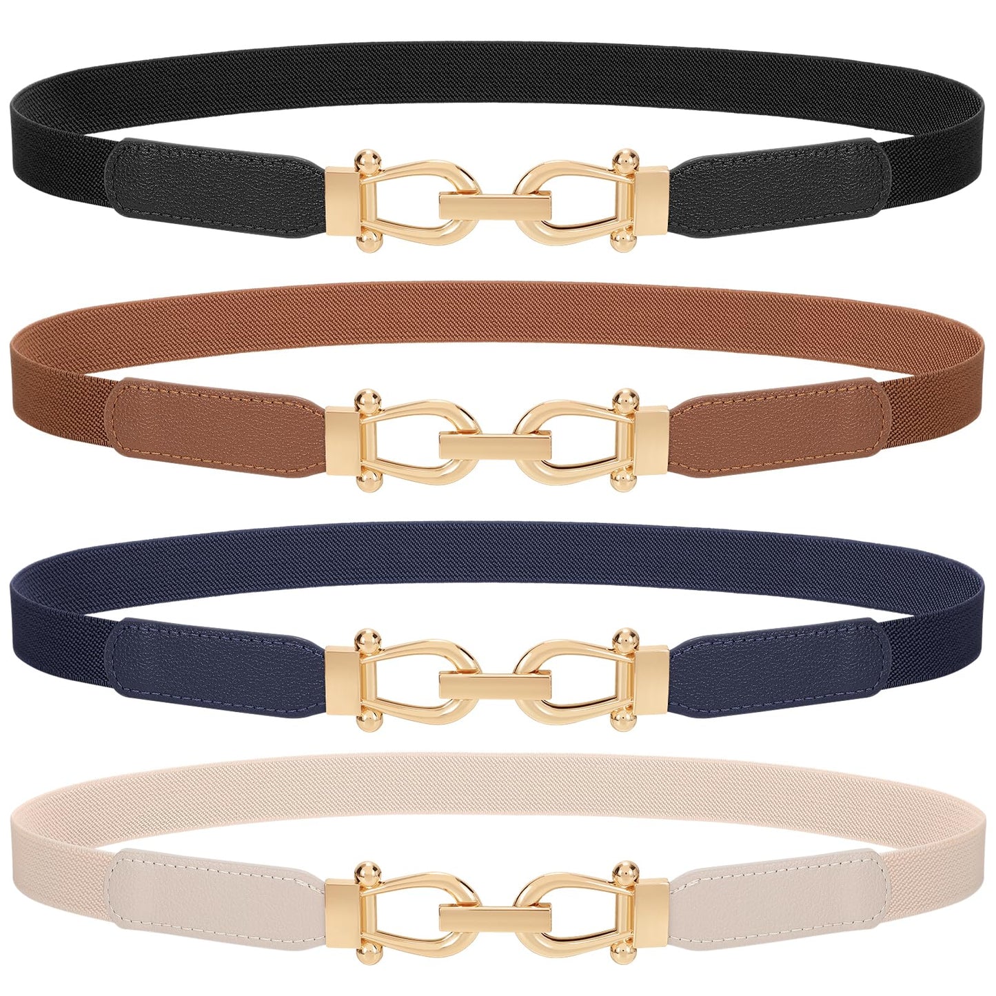 TRIWORKS 4 Pack Skinny Elastic Belts for Women Gold Buckle Thin Stretchy Waist Belts for Dresses