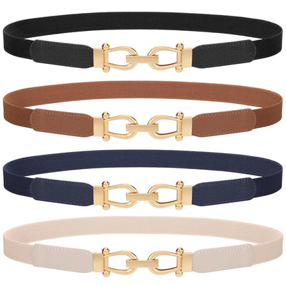 TRIWORKS 4 Pack Skinny Elastic Belts for Women Gold Buckle Thin Stretchy Waist Belts for Dresses