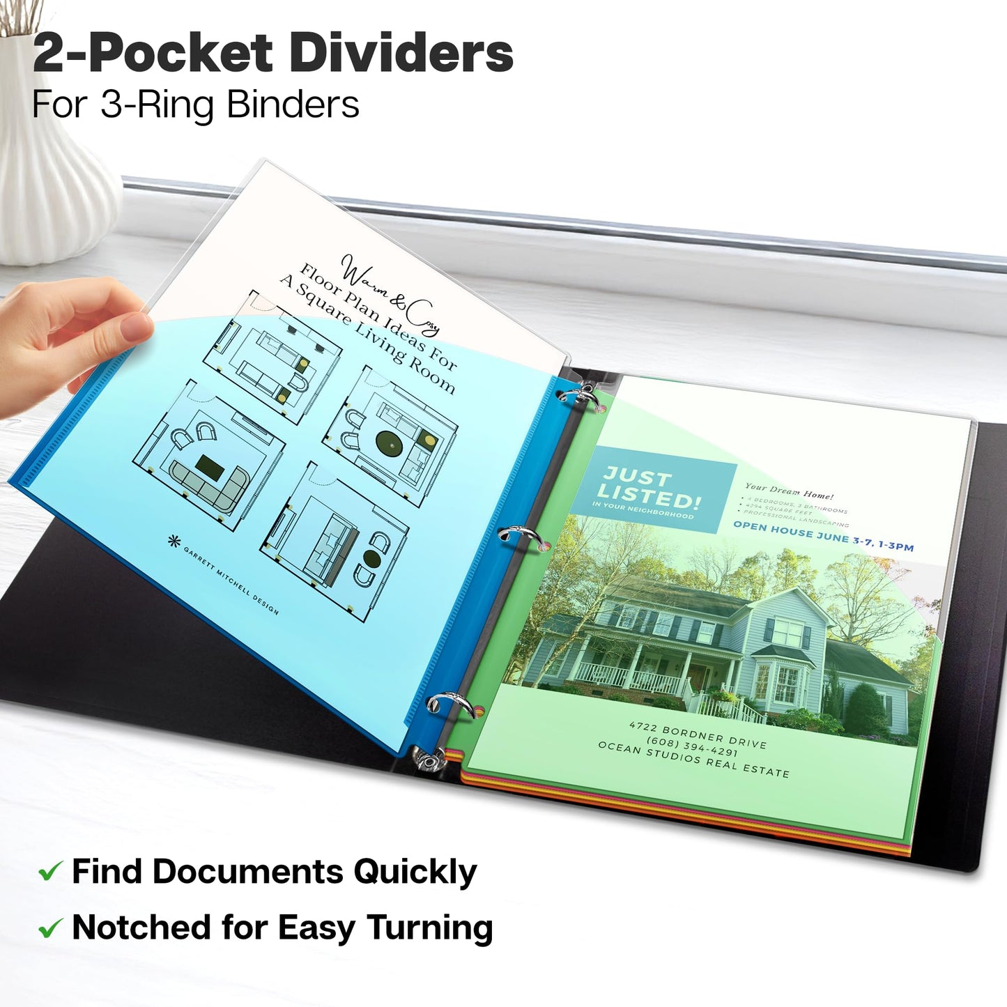 Dunwell Plastic Binder Pocket 3 Hole Punched (3 Sets, 15 Count) Slash File Jackets for 8.5x11 Paper, Project Sleeves for 3 Ring Binder, No Tab, 5 Color Dividers with Front & Back Pockets