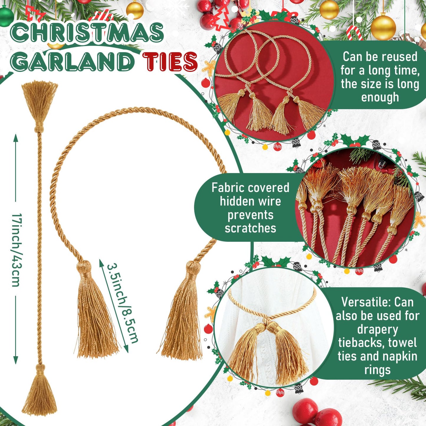 Zhengmy 15 Pcs 24 Inch Christmas Garland Ties with Tassels Decorative Twist Tie for Banister Reusable Flexible Twist Tie for Garland Fireplace Staircase Banister Home Xmas Holiday Decorations (Gold)
