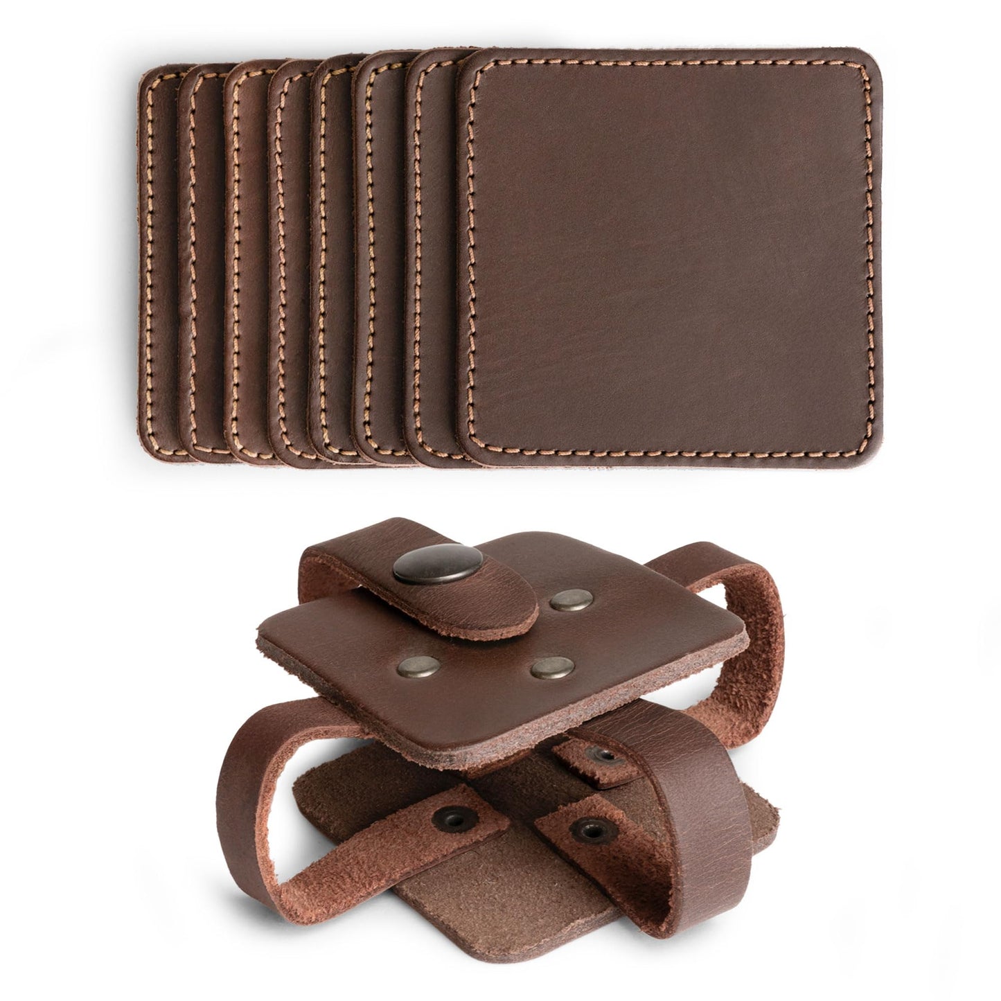 Hide & Drink Leather Coasters Set of 8, Premium Leather Table Protection for Drinks, Elegant Accessory for Home/Office, Protects Surfaces, Bourbon Table Coasters, Bar, Western (Bourbon Brown)