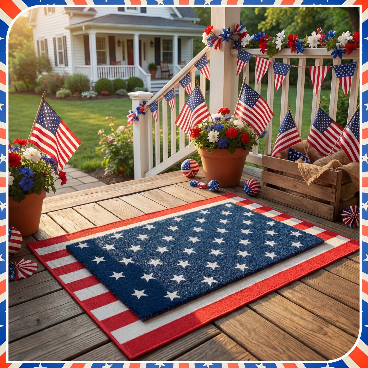 Breling 2 Pcs 4th of July Door Mat Set, Layered Thick Mats Combo with Blue Star Red Stripe American Flag Design for Independence 250 Anniversary Memorial Day Coco Coir Doormat for Front Porch Outdoor