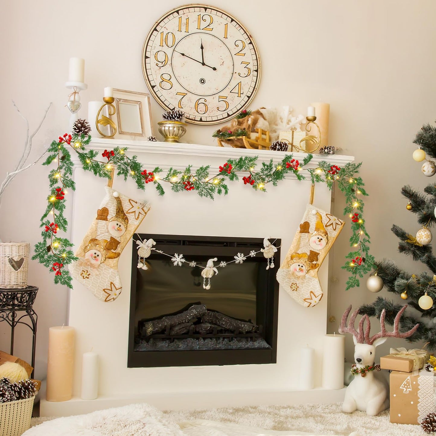 Spiareal 1 Pcs 9 ft Christmas Garland with Light Christmas Lighted Pine Garland Prelit Battery Operated Cedar Pine Cone Red Berry Greenery for Mantle Fireplace Decor