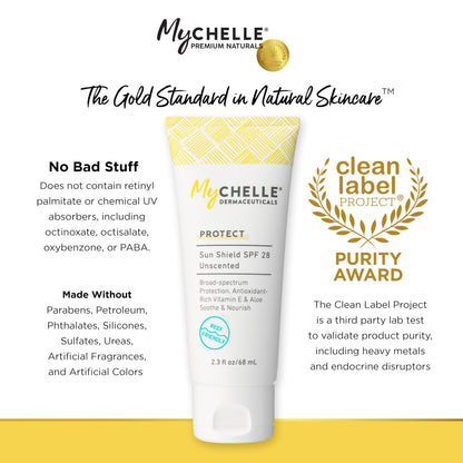 MyCHELLE Dermaceuticals Sun Shield SPF 28 Unscented (2.3 Fl Oz) - Soothing Reef Safe Sunscreen with Vitamin E and Aloe - TSA Approved. Liquid Zinc Sunscreen for Face and Body