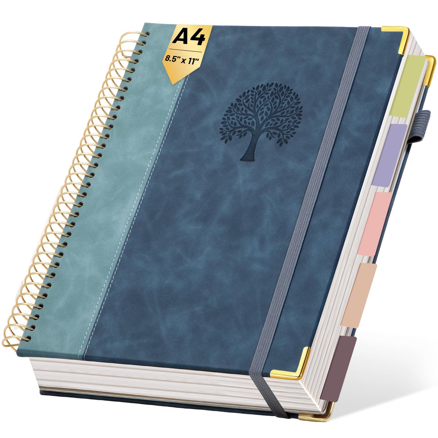 Yoment Hardcover Spiral Notebook 8.5" x 11" Leather 5 Subject Notebook College Ruled with Dividers Tabs 300 Pages Large Spiral Journal Notebooks for Work School Note-Taking Business, Gray Blue
