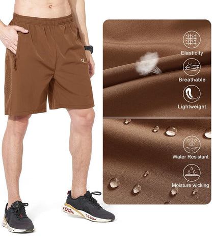 NORTHYARD Men's Athletic Running Shorts Gym Workout 7"/9"/5" Quick Dry Lightweight Sports Basketball Tennis 3 Zipper Pockets Brown 2XL