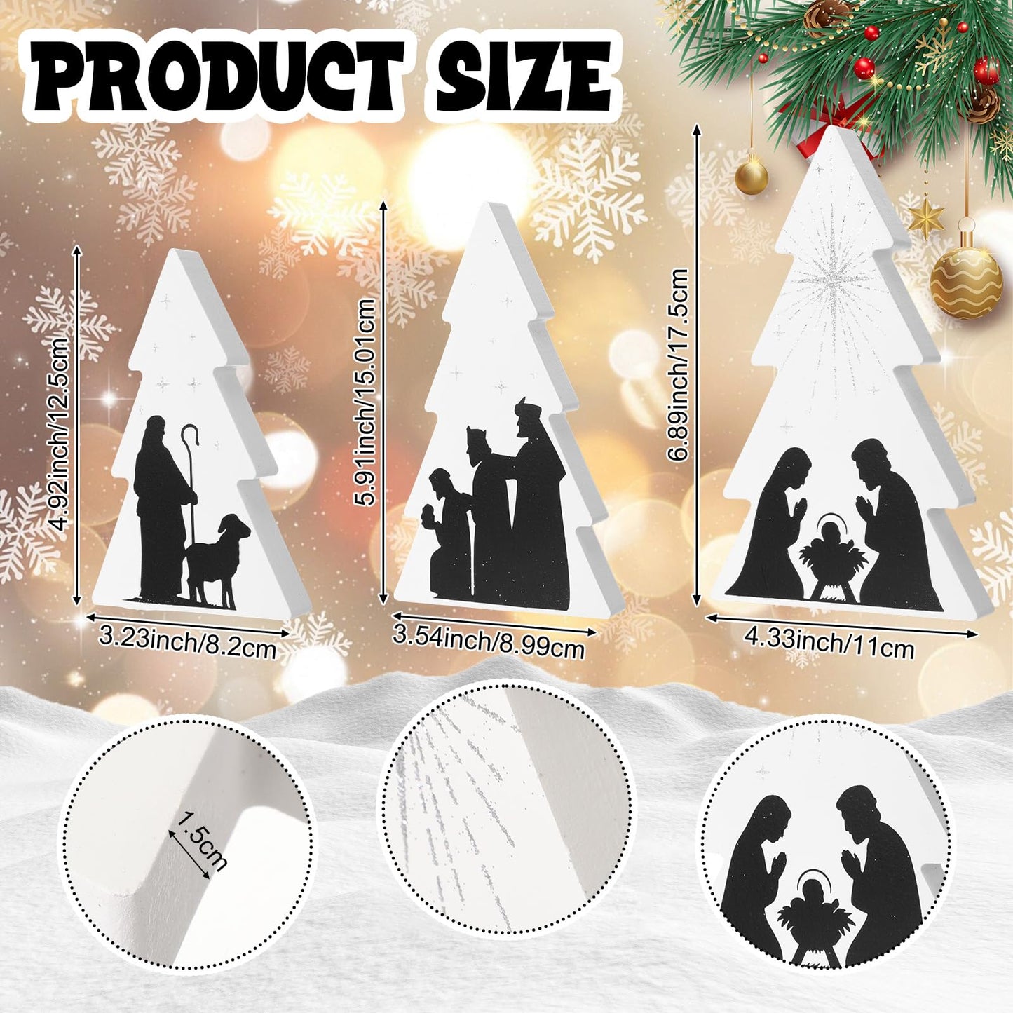 Chunful 3 Pcs Jesus Nativity Wooden Decor Black White Wood Centerpiece Christmas Table Sign Rustic Wood Tree Nativity Scene for Christmas Home Tabletop Mantel Fireplace Party Decoration