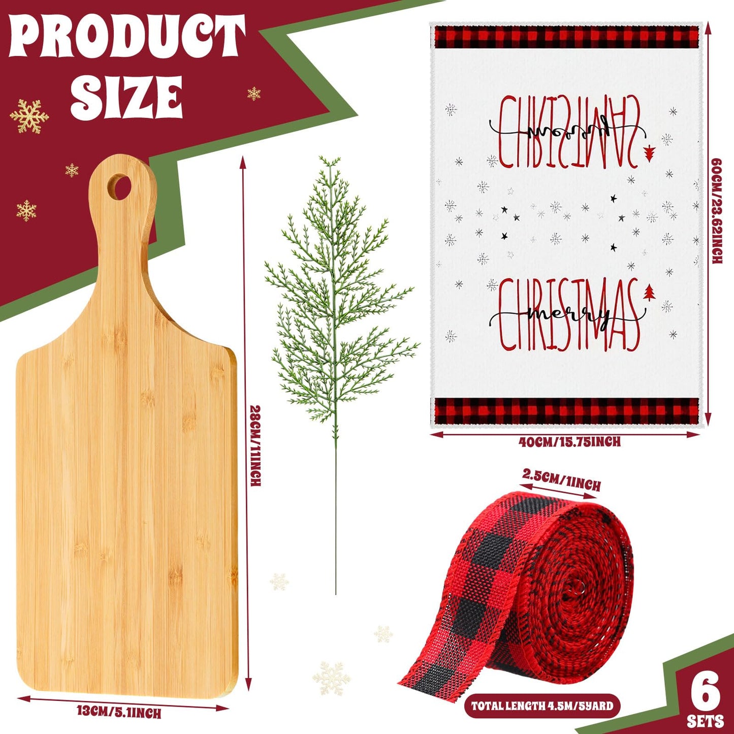 Hahafelt 6 Set Christmas Charcuterie Board Set Xmas Kitchen Gift for Housewarming Gifts New Home Square Wooden Cutting Cheese Board Chopping Serving Tray with Towel Pine Leaf Decoration Holiday Gift