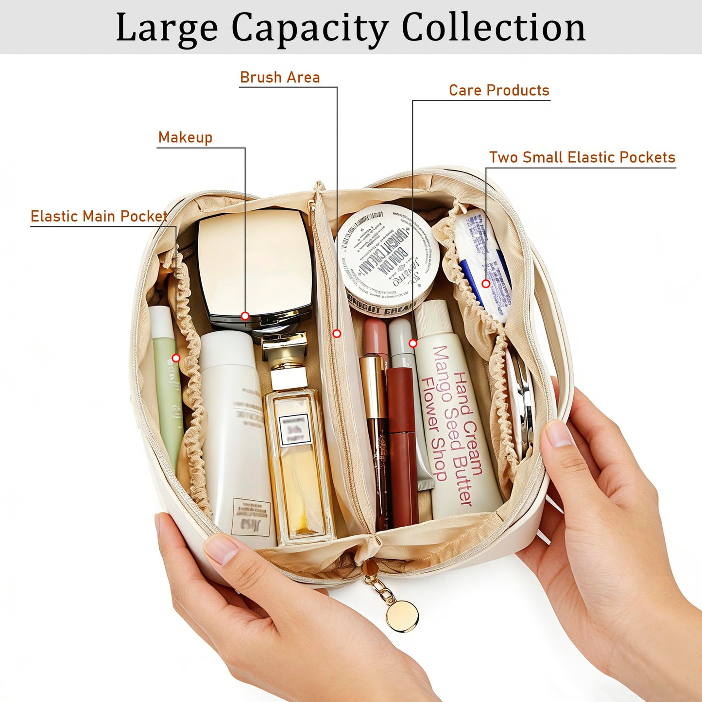 CLOUDWINGS Initial Makeup Bag Gifts for Women Bridesmaid Gifts Travel Toiletry Personalized PU Leather Waterproof Cosmetic Bag (Medium-Beige-A)