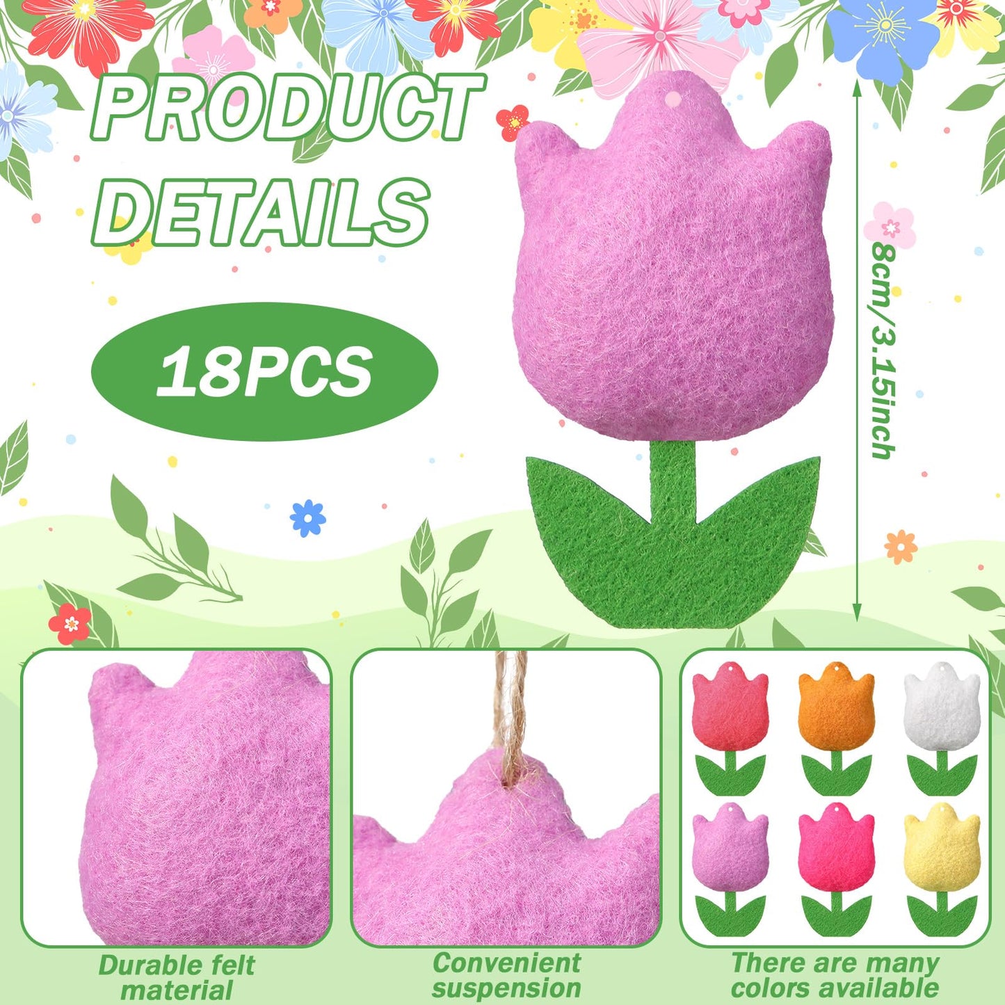 HunnmingRe 18 Pcs Spring Tree Ornaments Felt Tulip Flowers Hanging Ornaments Spring Flower Decorations for Summer Party Home Door Wall Mantel Decor Arts Crafts Gifts