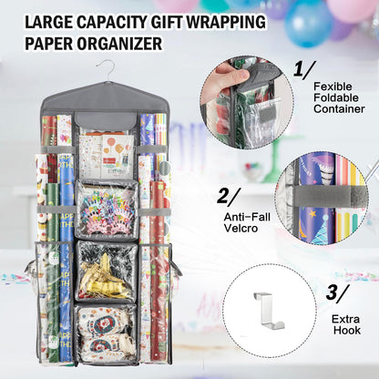 EOLIMEX Christmas Wrapping Paper Organizer Storage, Hanging Gift Bag Storage Organizer, Double-Sided Wrapping Paper Holder Storage - Grey