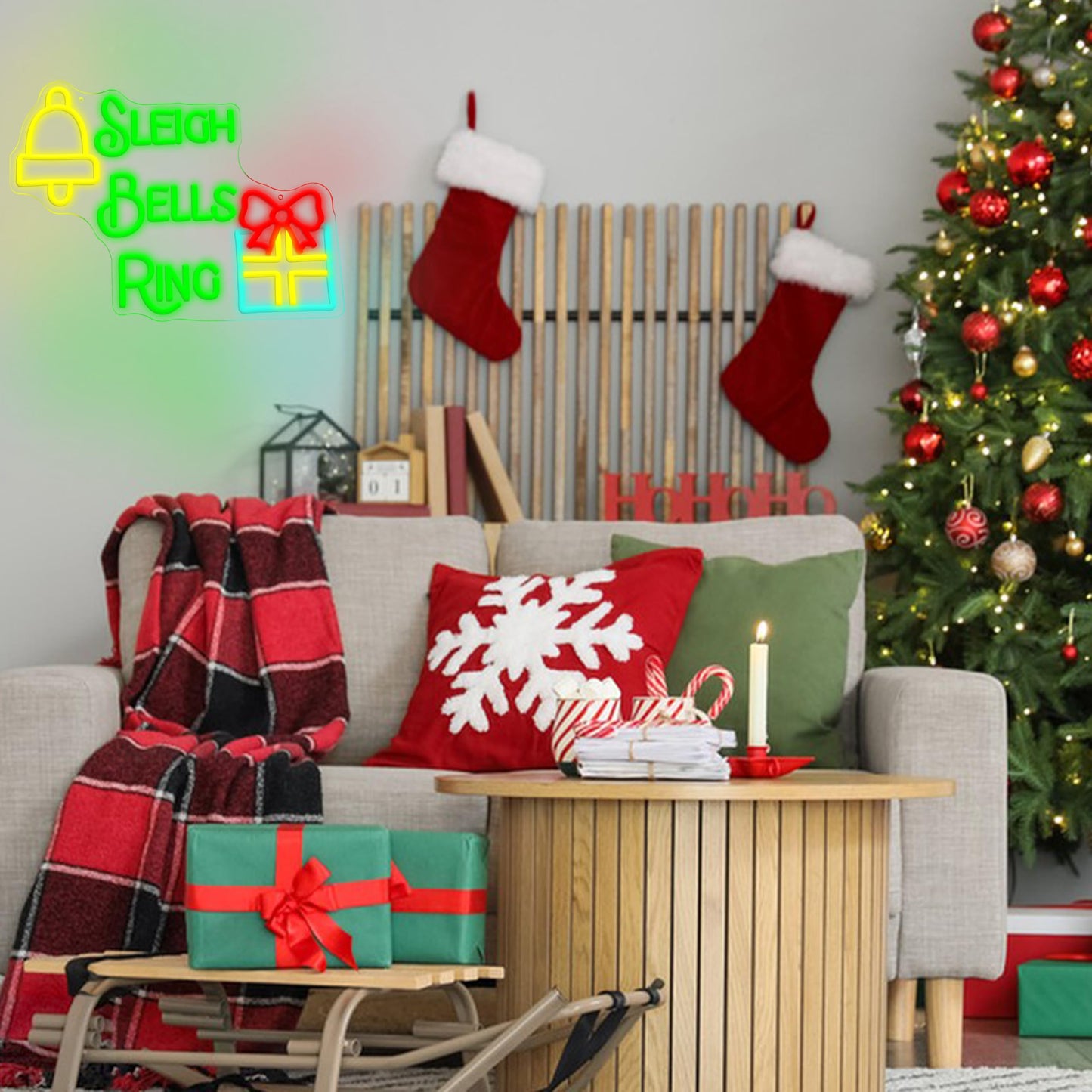 AEHEMNGZ Sleigh Bells Ring Neon Sign for Wall Decor Bells Christmas Neon Light for Party Holiday Home Decor Fun Christmas Gift Idea（16.5 * 12.6 In）