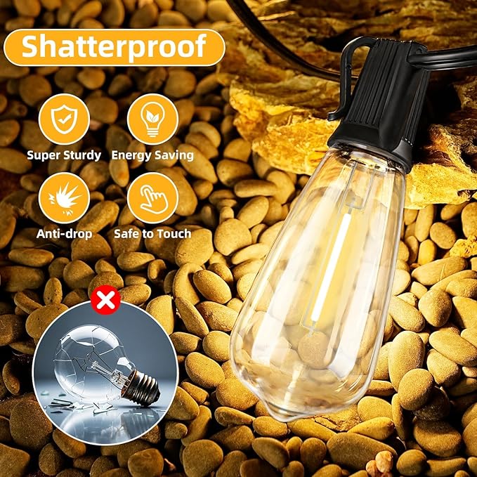 50FT Outdoor LED String Lights,Vintage ST40 LED Bulbs (25+2 Spare),Shatterproof Plastic,E17 Socket,2700K Warm White-Ideal for Patio,Porch,Deck,Gazebo,Bistro,Backyard,Wedding&Party Décor
