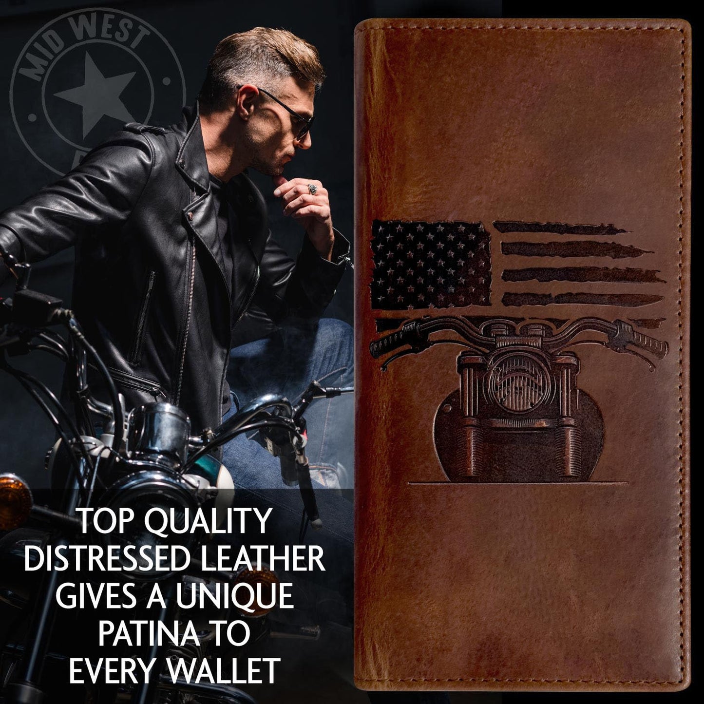 Father's Day Wallet - Tall Wallet w. Chain for Men, Patriotic Biker – Distressed Brown Leather, RFID Blocking, 10 Card Slots with ID Holder, Embossed Motorcycle & American Flag Design, 100% Leather.