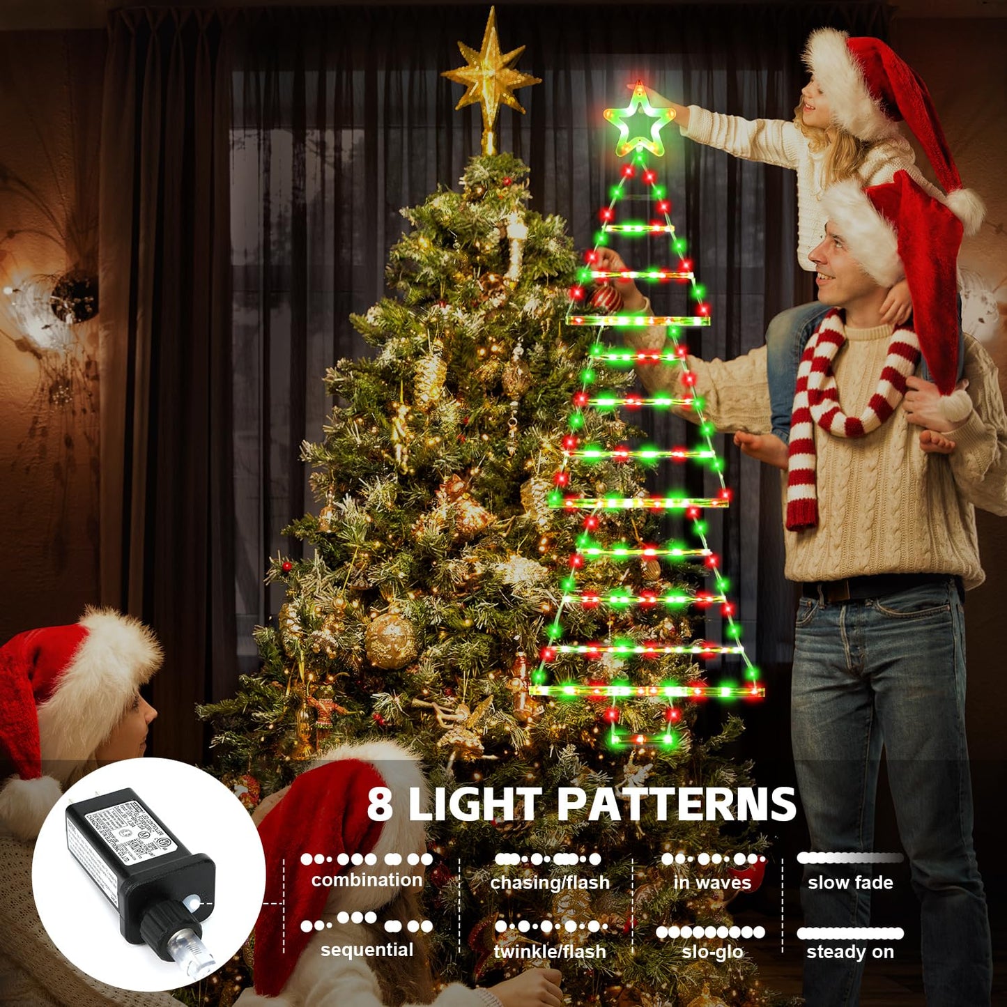PUHONG (New) Christmas Ladder Lights, 4.6ft Christmas Decorations with Star Topper, Xmas Hanging Ornament with 8 Light Modes, LED Indoor String Lights for Doors, Walls and Windows - Red&Green