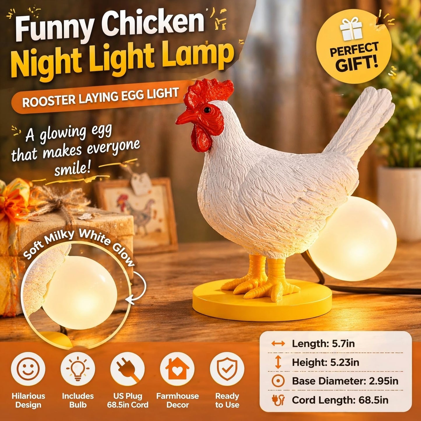 AMPlug in Funny Chicken Night Light Lamp – Rooster Laying Egg Light, Farmhouse Table Decor, Unique Gift for Chicken Lovers (Includes Bulb)