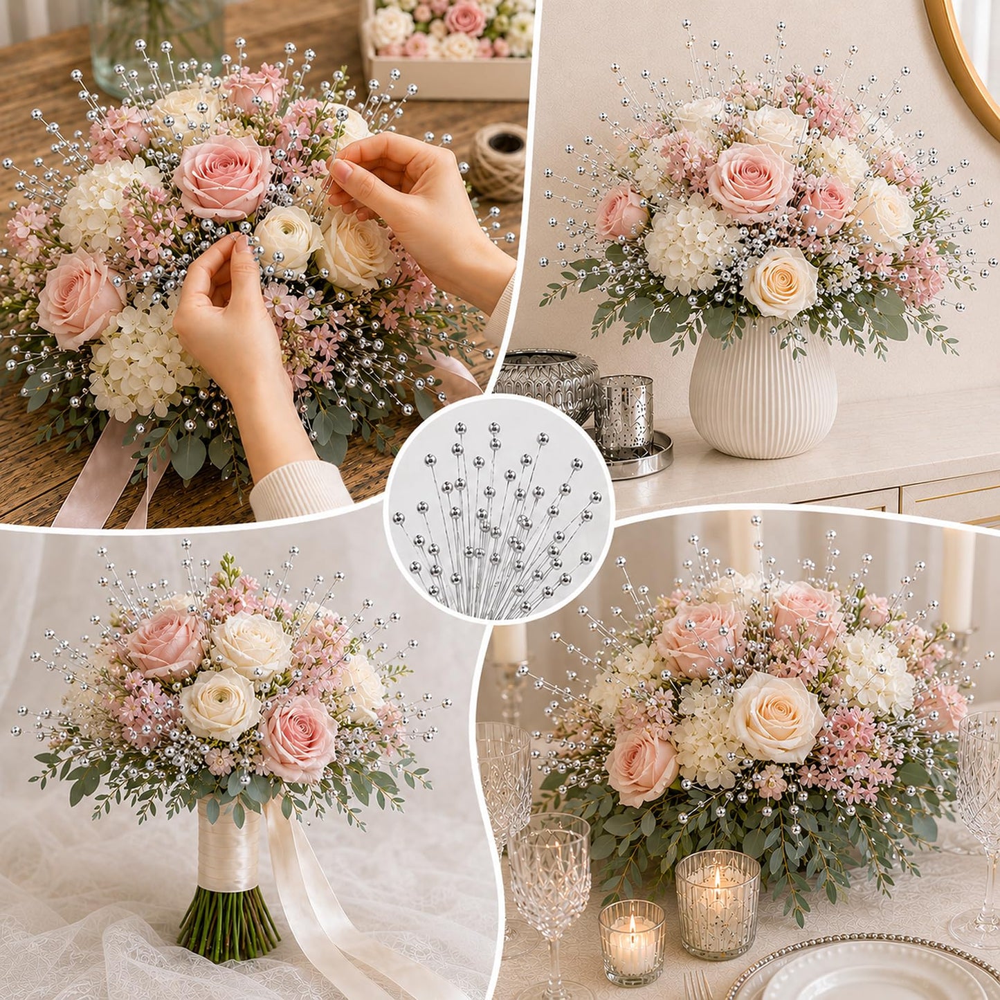 60 Pieces Pearl Stick Stems Bouquets, 4mm Bead String Garland Beaded Spray Filler Floral Arrangements Tree Picks Wedding Party Decoration, Mother's Day Flower Decor, Christmas Tree Picks (Silver)