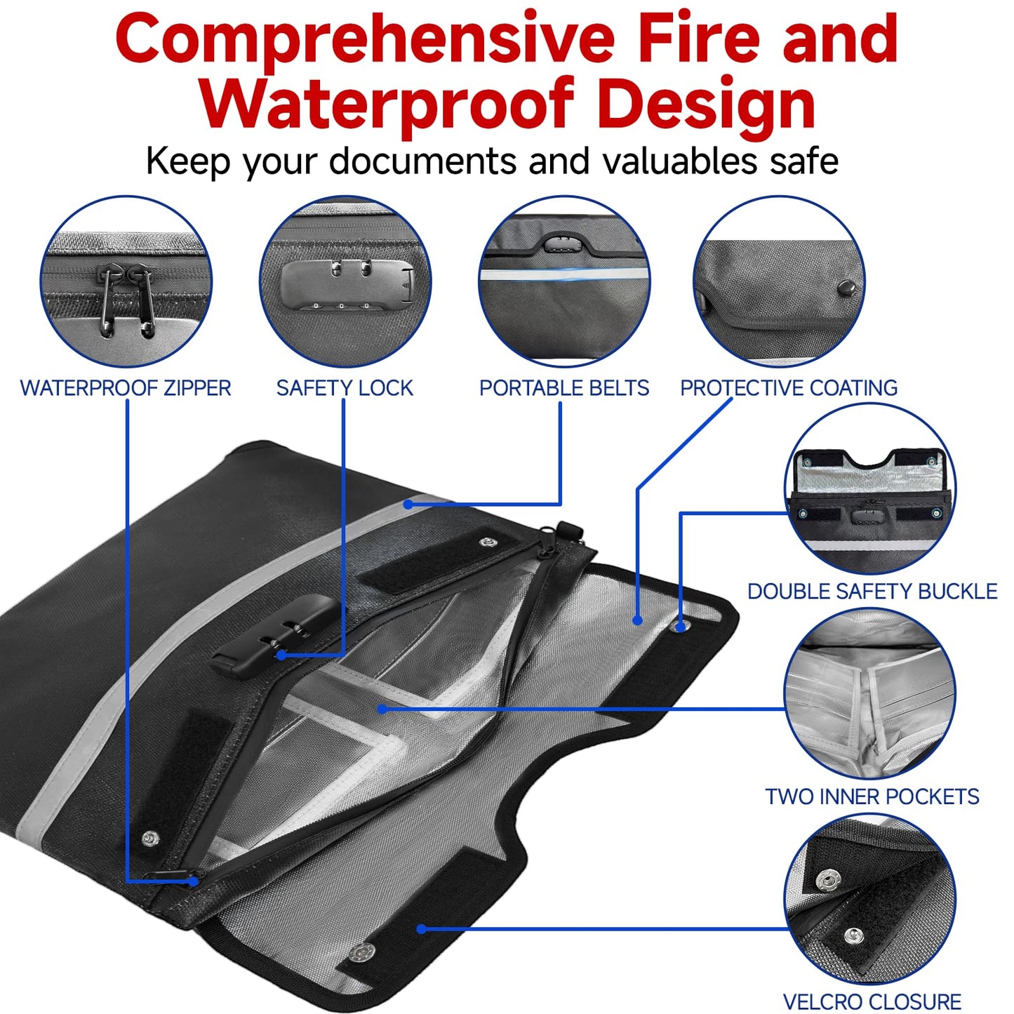 Upgraded 6500°F Fireproof Document Bag with Lock, Waterproof 9-Layer Heat Insulated | Dual-Liner Card Slot Money Bag with Zipper/Reflective Strip for Passport, Important Paper, Cash(15 x 12In)