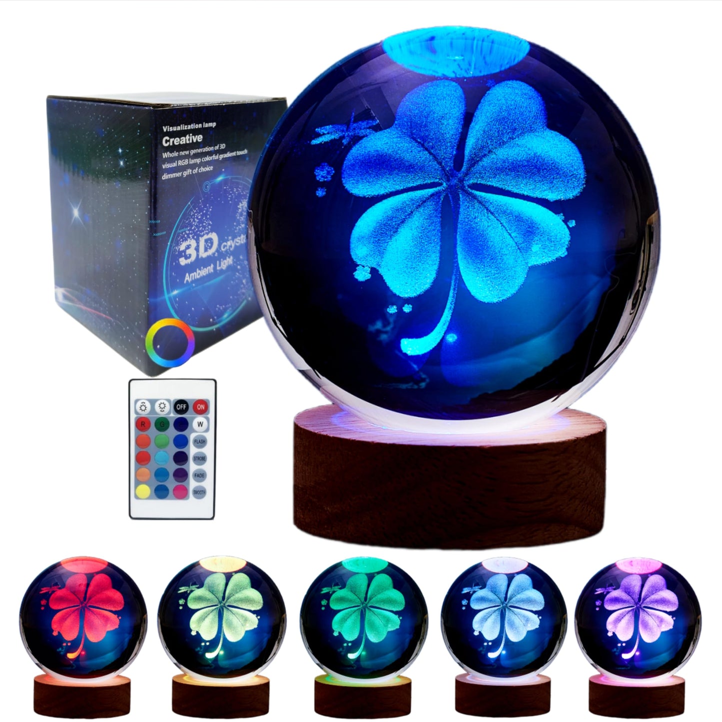 Conalisk 3D Four-Leaf Clover Crystal Ball Lamp,Lifelike 3D LED Clover Night Light,16 Colors Changing Light,Dimmable Remote Control,Clover Lamp Gift (Four-Leaf Clover)