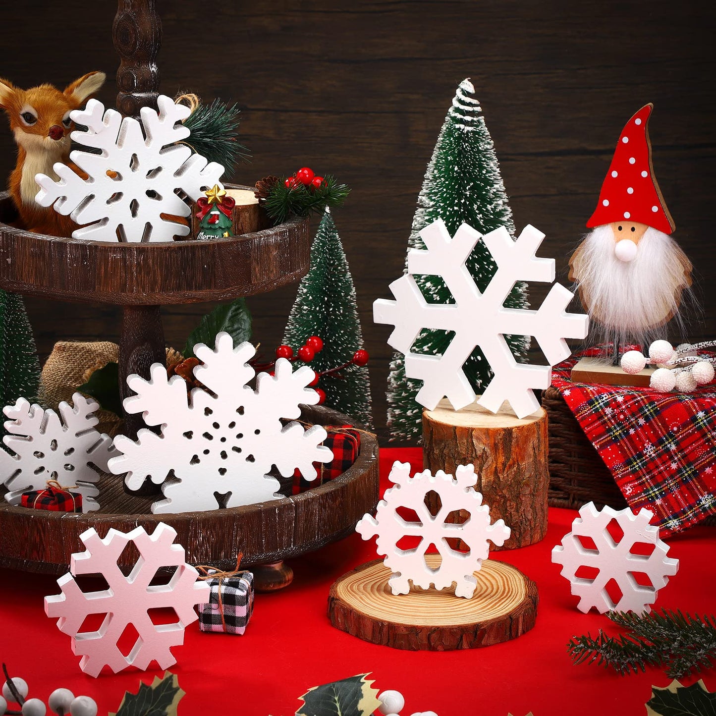 Kajaia 9 Pcs Winter Wooden Snowflake Table Decorations White 3D Snowflake Tabletop Centerpieces Winter Standing Sign Xmas Tiered Tray Decor for Home Fireplace Mantel Party Supplies