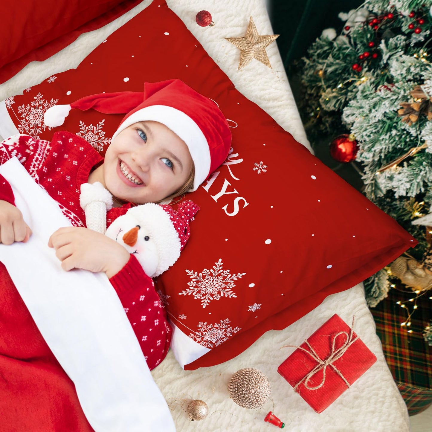 Lanpn Christmas Queen Pillowcase 20x30 Set of 2, Red Christmas Tree Snowflake Lumbar Pillow Cases 20 x 30 Long Rectangle Queen Shams Throw Bed Pillow Covers Winter Holiday Xmas Cushion Cover 2 Pack