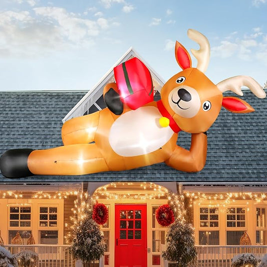 12 FT Giant Christmas Inflatable Reindeer Outdoor Decorations, Large Blow Up Reindeer with Gift Box Decor, Built-in LED Lights, Rapidly Inflate for Yard Lawn Party Holiday Garden Xmas Decorations