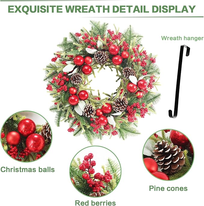 Super Holiday Artificial Christmas Wreath, Front Door Wreaths Decorations for Home, Party, Holiday, Thanksgiving, Xmas Decor - with Wreath Hanger, Green/Red