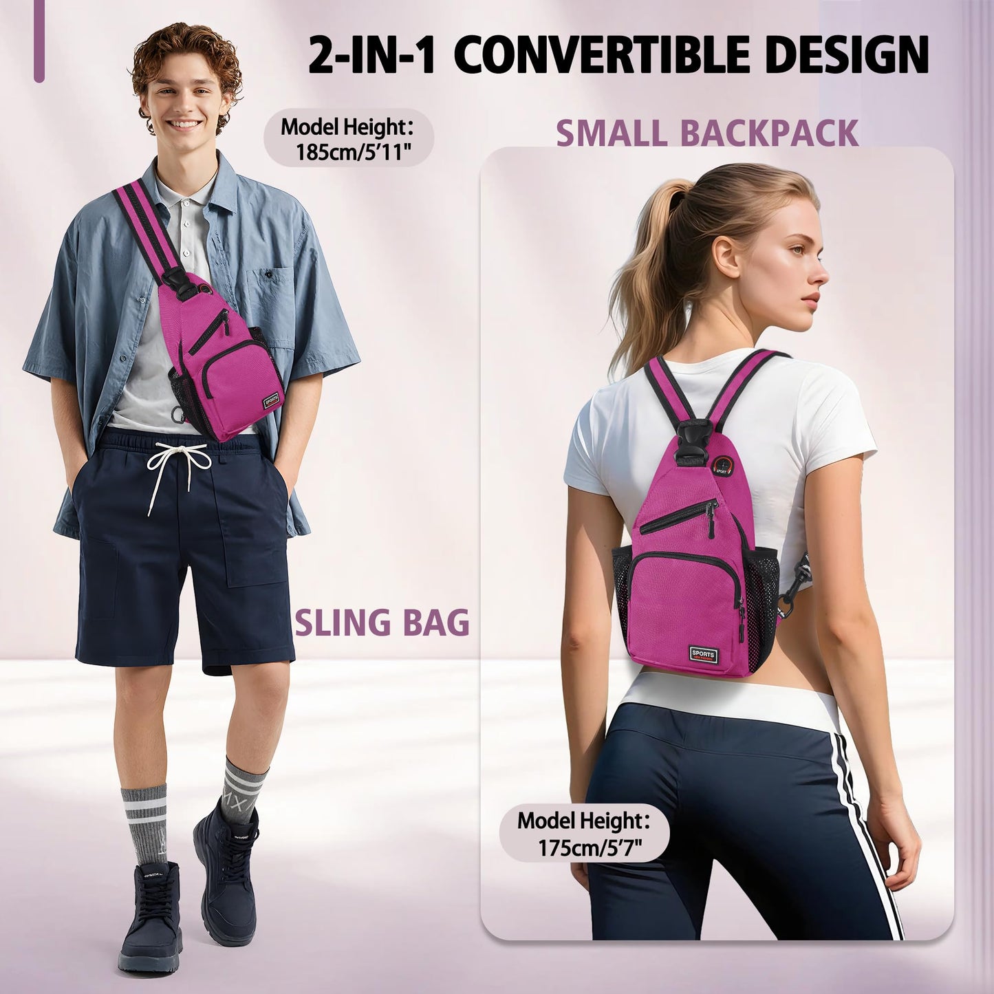 Geestock Convertible Sling Bag for Women Men, 12.6" Crossbody Sling Backpack with Headphone Hole Fit 7.9" Tablet, Lightweight Chest Bag Daypack Crossbody for Travel Sport Hiking & Commute,Purplishred