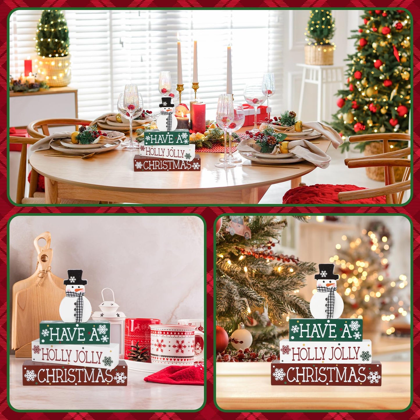 4 Pcs Christmas Decorations Indoor Wooden Snowman Table Sign Decor Table Centerpieces Xmas Merry Christmas Tabletop Block for Holiday Office Desk Tiered Tray Party Shelf Decor Farmhouse Winter