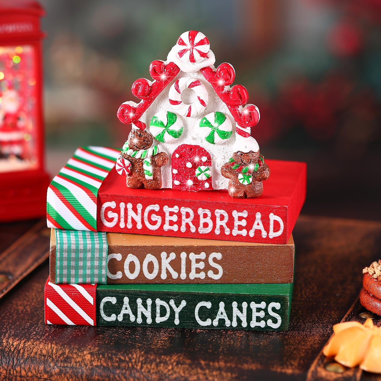 Bucherry Christmas Table Decoration Resin Gingerbread House Tiered Tray Decor Wood Rustic Gingerbread Block Signs Ribbon Book Stacks Christmas Centerpiece Decorative Tray for Farmhouse Home Shelf Gift