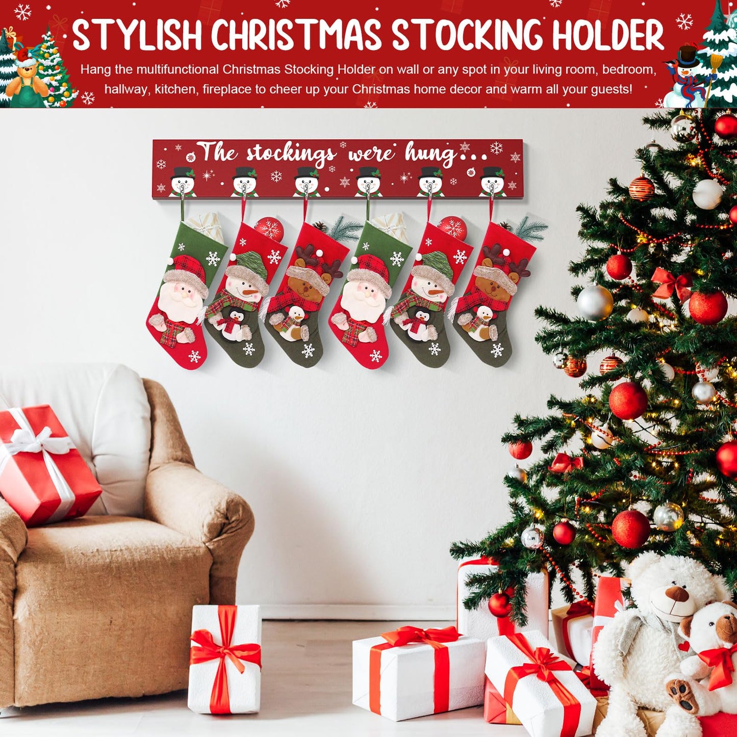 Christmas Stocking Holder Mantle Christmas Stocking Hangers for Mantel Fireplace Wall Hanging Sign with 6 Hangers Collapsible And the Stockings Were Hung Christmas Stocking Hooks Xmas Decor 28.4 Inch